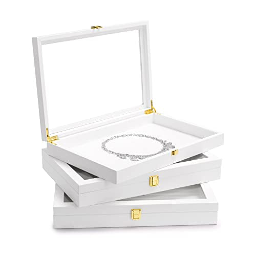 Oirlv Premium Blue Leather 24 Grid Jewelry Tray with Transparent Lid Earrings Rings Organizer Box Stackable Jewelry Box Drawer Inserts Women Gift - color: White, size: 24 Grid