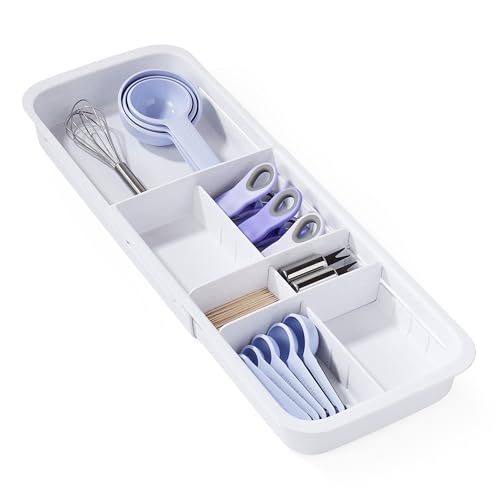 YouCopia DrawerFit Sliding Drawer Tray with Adjustable Dividers, Expandable Kitchen Storage Organizer, Speckled White - style: Tray