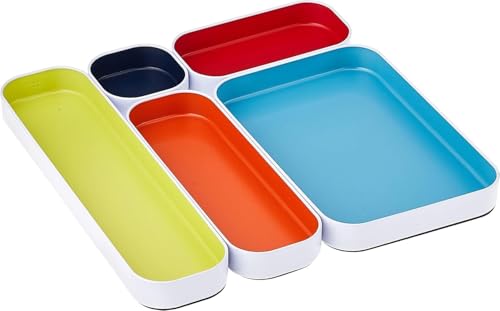 Three by Three Seattle 5 Piece Shallow Metal Organizer Tray Set for Storing Makeup, Stationery, Utensils, and More in Office Desk, Kitchen and Bathroom Drawers (1 Inch, Assorted Colors) - color: Assorted Colors, size: 5 Piece