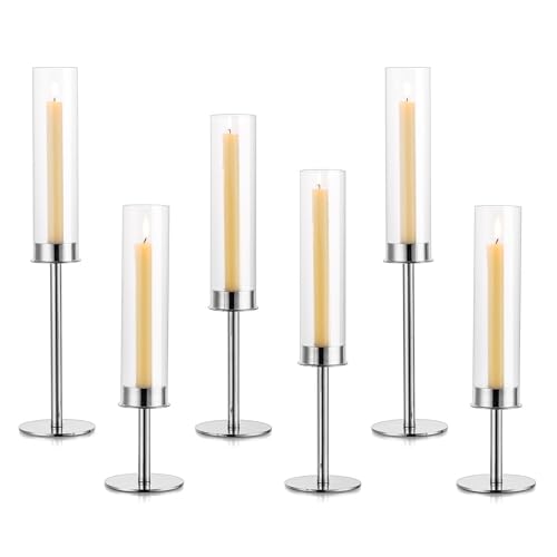 Hurricane Taper Candle Holders: Silver Glass Candlestick Holder Tall Candle Sticks Holder Decor with Glass Cover for Wedding Table Centerpiece Party Birthday Christmas Home Mantel Set of 6 - color: Silver, size: 2 Sets(6 Pcs)