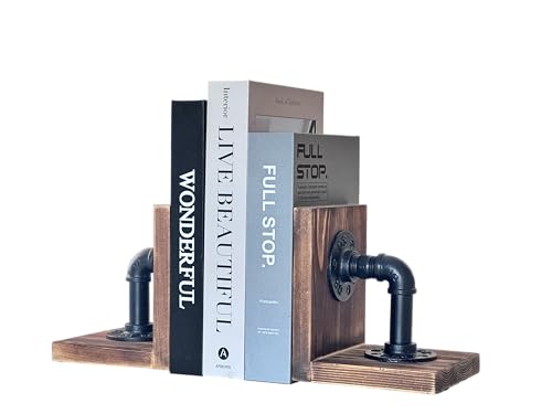 Wooden Bookends for Heavy Books Realistic Industrial Pipe Design Farmhouse Bookends for Home Office(Pipe Light Brown) - color: Light Brown Pipe