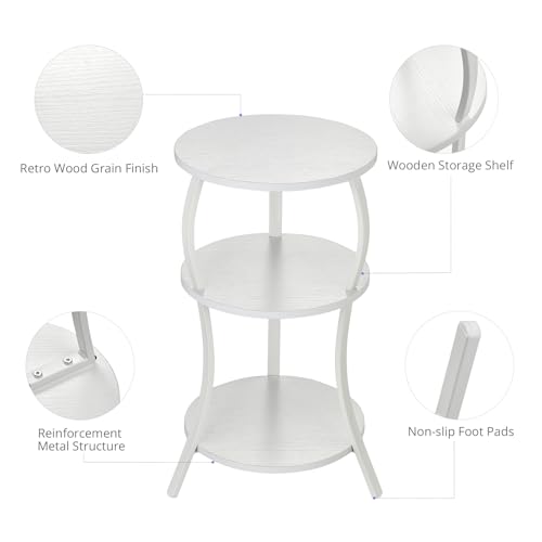 YEAKOO Vintage Small Round Side Table, 3-Tier Slim Waist Circular End Table with Storage Shelf, Compact Tea Sofa Table, Round Corner Coffee Table Nightstand for Living Room Bedroom Small Spaces,White - color: White, style: Classic