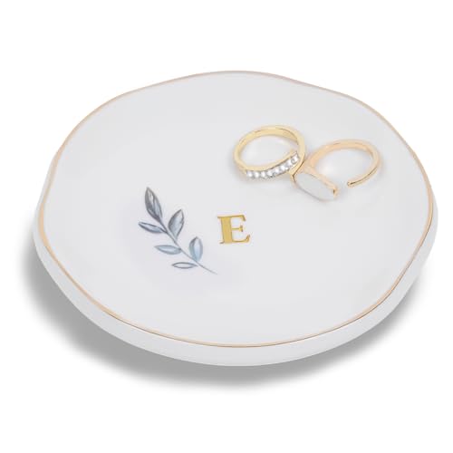 Personalized Ceramic Ring Dish, Initial Jewelry Tray for Rings, Earrings, Necklaces & Bracelets, Gift for Engagements, Birthdays, Holidays, Mom, Sister, Bridesmaid, Bride-to-Be, 4" Ring Plate - color: E