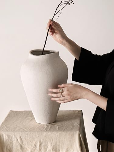 White Ceramic Vase - Large 13.6 Inch Tall Floor Vase for Centerpieces, Farmhouse Flower Vases, Rustic Minimalist Home Decor for Living Room, Enterway, Wedding (Sandstone White) - color: Sandstone White, size: 13.6 Inch