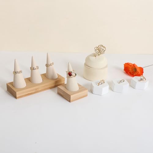 GemeShou Beige wood ring storage organizer, Velvet Jewelry ring display holder, Cute ring display stand for selling, wedding ring holder at nightstand【Beige with single cone】 - size: Small
