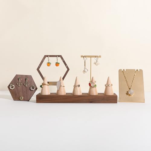 GemeShou Wooden ring organizer holder for jewelry, Stable ring display stand for boutique store, walnut base with white ring cones for jewelry selling【Ring holder-Cone 5】 - style: Five Cone