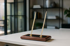Dacasso Luxury Walnut & Black Leather Double Pen Stand with Rolling Ball Pen - Executive Desk Decor and Elegant Organizer