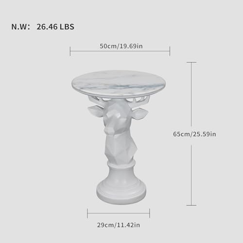 Deer Side Table for Living Room - 20" Faux Marble Top Accent End Table with Hand-Carved Resin Deer Statue Base - Modern Round Bedside Table for Bedroom, Patio, Entryway,Gift - Tool-Free Setup - color: White Deer