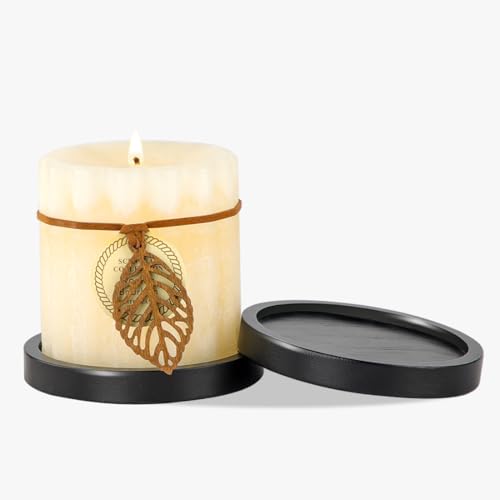 Black Wood Candle Holder - HALE OTEIR Wooden Pillar Candles Tray, Set of 2 Round Wooden Plate Pedestal Stand for Floating or Pillar Candles, Coffee Table Centerpiece for Home Decor - color: Black