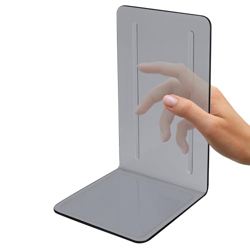 Acrimet Bookends 1 Pair, Clear Plastic Bookends for Shelves or Desktop, Book Holder for Home, Office, Library, School (Clear Gray)