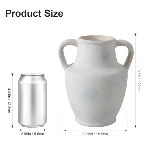 Ceramic Flower Vase with Handles, 8.66 inch Tall Ceramic Vase Farmhouse Rustic Vases Decorative Pottery Vases for Home Decor Living Room Bookshelf Table Centerpiece Desk Bathroom Fireplace, White - color: 8.66 in - White