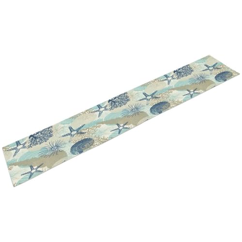 Nautical Coastal Table Runner，Ocean Themed Starfish Coral Conch Beach Kitchen Dinning Table Decoration for Indoor Outdoor Home Party Decor 13x36 Inch - color: Shell-2, size: W13x36L