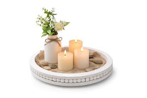 RayNab Farmhouse Round Wooden Beaded Tray – 12" Whitewashed Rustic Decorative Wood Tray for Coffee Table, Kitchen Centerpiece, Ottoman or Serving Snacks