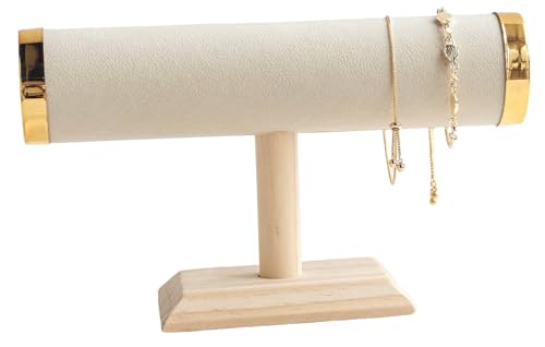 Jewelry Display T-Bar Stand – 9 inch Beige Textured Velvet Bracelet Holder with Gold Metal Ends, 1-Tier Jewelry Organizer with Natural Pine Base, Bangle & Watch Display for Retail & Vanity - color: Beige Textured Velvet