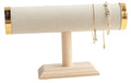 Jewelry Display T-Bar Stand – 9 inch Beige Textured Velvet Bracelet Holder with Gold Metal Ends, 1-Tier Jewelry Organizer with Natural Pine Base, Bangle & Watch Display for Retail & Vanity - color: Beige Textured Velvet
