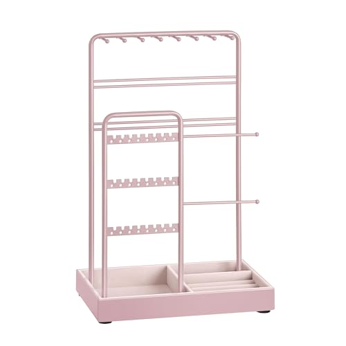 SONGMICS Jewelry Holder, Jewelry Organizer, Jewelry Display Stand with Metal Frame, Velvet Tray, Necklace Earring Bracelet Holder, for Studs, Rings, Gift Idea, Jelly Pink UJJS021R01 - color: Jelly Pink