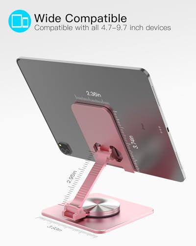 Cell Phone & Tablet Stand for Desk, Aluminum Adjustable Holder for iPhone, iPad & Smartphones || Foldable Mount with 360° Swivel, Stable Base & Portable Design for 4–9.7in Devices, Pink - color: Pink