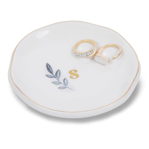 Personalized Ceramic Ring Dish, Initial Jewelry Tray for Rings, Earrings, Necklaces & Bracelets, Gift for Engagements, Birthdays, Holidays, Mom, Sister, Bridesmaid, Bride-to-Be, 4" Ring Plate - color: S