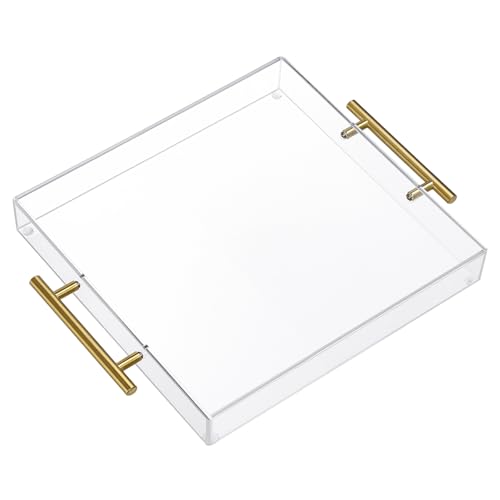 12"x12" Clear Acrylic Serving Tray with Golden Handles, Sturdy Huge Capacity Acrylic Trays for Coffee, Juice, Kitchen and Desk Organizer, Storage Tray (12"x12") - size: 12" x 12" x 2"