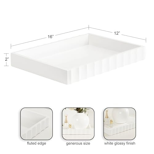 Kate and Laurel Lissi Decorative Rectangle Tray with Wavy Design; 16 x 12; White; Modern Scalloped Serving Tray for Coffee Table Ottoman; Dining Table; or Entryway Catch-All Tray - color: White