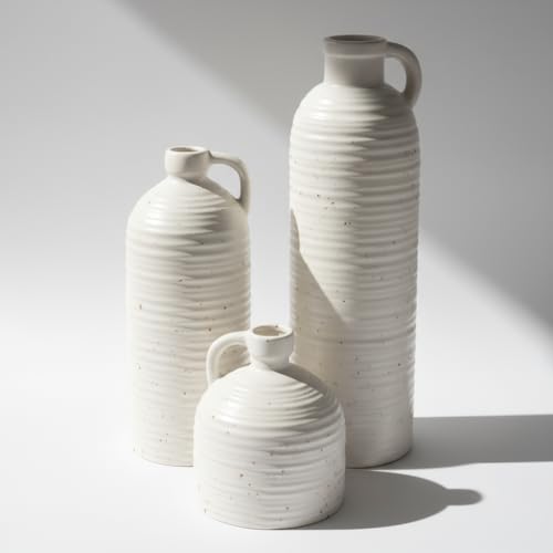 White Ceramic Vase Set of 3 with Handle – Ribbed and Dotted Jug Vases for Rustic Farmhouse Table Centerpiece, Shelf & Mantel Decor - color: White03