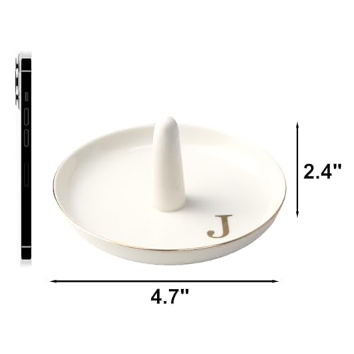 Ceramic Initials Jewelry Tray Ring Dish With Personalized J-Monogrammed Engagement Wedding Gifts, for Birthday Mother's Day for Women, Ceramic White 4.7" x2.4" - style: J