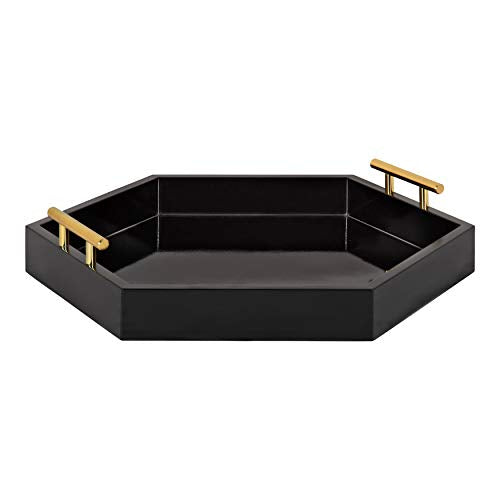 Kate and Laurel Lipton Modern Hexagon Decorative Tray, 18" x 18", Black with Gold Metal Handles - color: Black/Gold, size: 18" x 18" x 3.3"