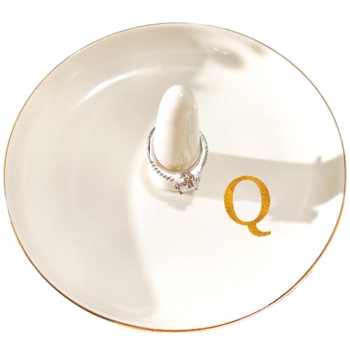 Ceramic Initials Jewelry Tray Ring Dish With Personalized Q-Monogrammed Engagement Wedding Gifts, for Birthday Mother's Day for Women, Ceramic White 4.7" x2.4" - style: Q