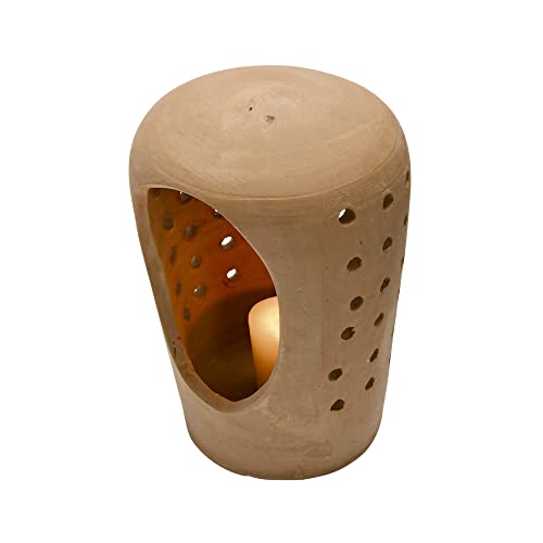 Creative Co-Op Handmade Terracotta Candle Holder with Cutouts - size: 5"L x 5"W x 8"H