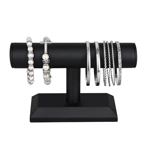 MOOCA Black Deluxe PU Faux Leather Jewelry Holder Organizer, Wooden Bracelet Holder Stand, T-Bar Display Stand, Jewelry Organizer Stand for Bracelets, Bangles, and Watches - color: Black Faux Leather