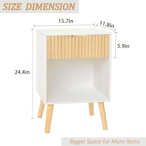 Fultyle Nightstand, Modern Bedside Table with Drawer and Open Shelf, Fluted Night Stand with Solid Wood Legs for Bedroom, Living Room, Office (White Oak) - color: White Oak