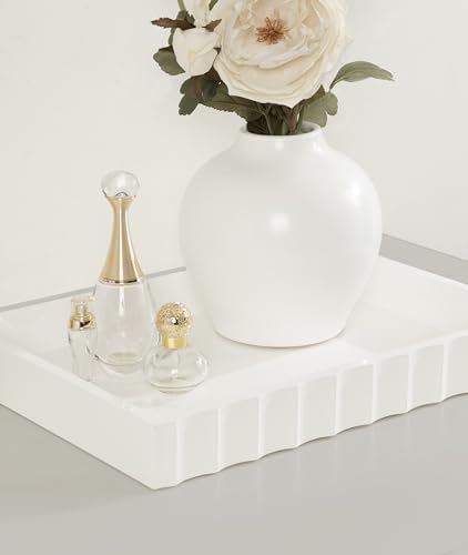 Kate and Laurel Lissi Decorative Rectangle Tray with Wavy Design; 16 x 12; White; Modern Scalloped Serving Tray for Coffee Table Ottoman; Dining Table; or Entryway Catch-All Tray - color: White