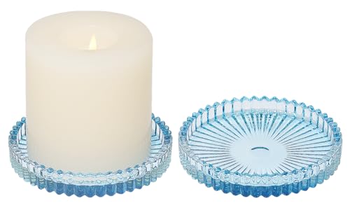 Vixdonos 3.8 Inch Glass Pillar Candle Holder Set Pack 2 Gear Round Plate Serrated Candle Stand for Table Centerpieces,Party, Wedding and Home Decor - color: Blue