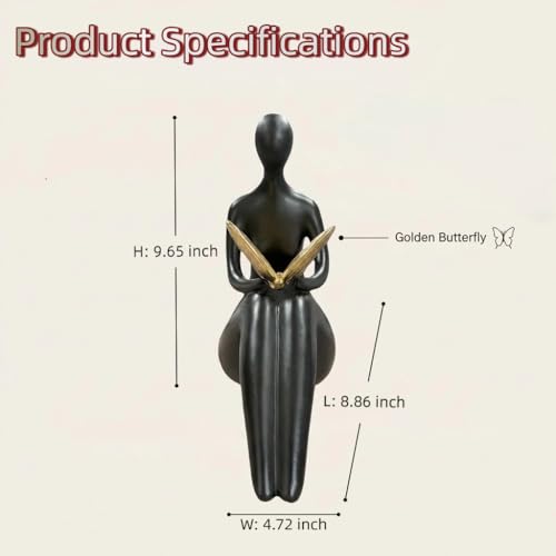 Lescafita Black Abstract Sitting Figurine with Gold Butterfly – Modern Resin Sculpture for Shelf, Desk, Living Room & Office Decor, Minimalist Shelf Sitter Statue for Home Decoration - color: B2