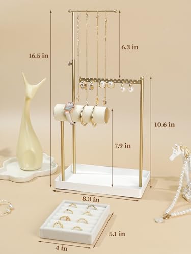 Jenseits Jewelry Organizer Stand with Ring Holder - 3-Tier Gold Jewelry Holder Tower with Velvet Tray, Necklace Holder, Bracelet & Earring Display Stand for Women, Gift for Her - color: white-gold