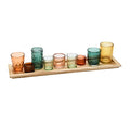 Creative Co-Op Round Glass Votive Holders on Wood Tray, Yellows & Greens, Set of 9 - color: Yellow/Green