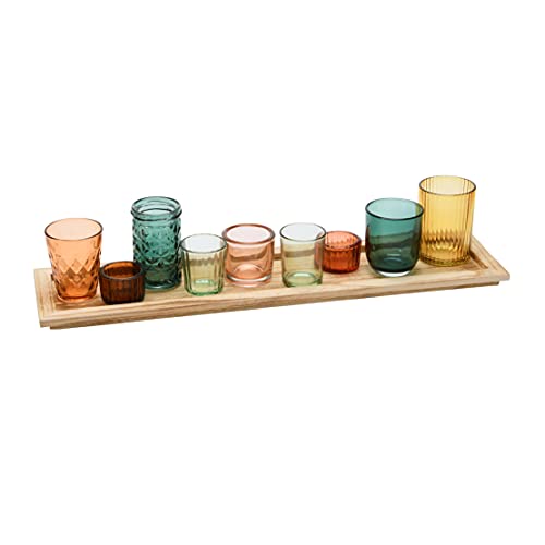 Creative Co-Op Round Glass Votive Holders on Wood Tray, Yellows & Greens, Set of 9 - color: Yellow/Green