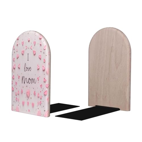 Pink Love Mom L-Shaped Book Ends 1 Pair Wood Bookends Mother's Day Book End Supports for Heavy Book Shelf Holder Home Decorative - color: Pink Love Mom