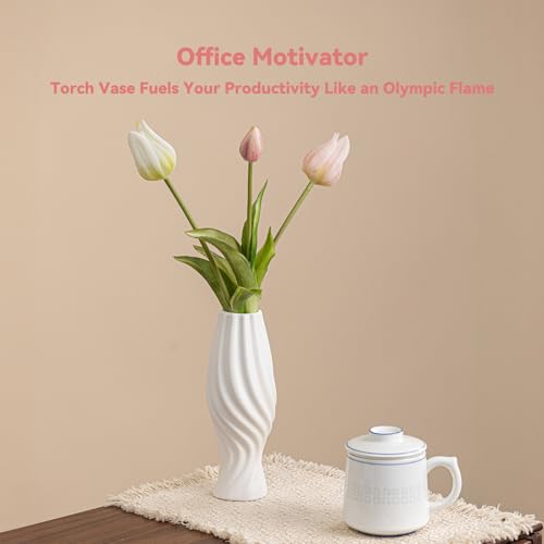 White Ceramic Torch Vase with Spiral Design - 8.8" Unique Flower Vase for Pampas Grass & Centerpieces, Decorative Boho/Farmhouse Vase for Living Room, Office Desk & Gift for Her/Yourself - color: Torch Spiral