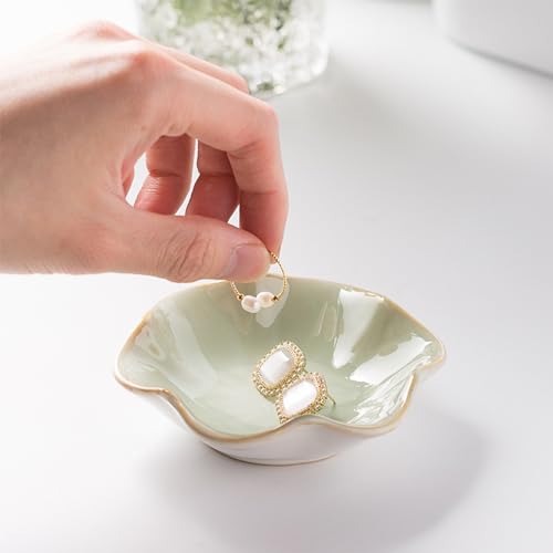 Binoster 2 Pcs Ceramic Jewelry Dish, Jewelry Tray Key Tray,Small Ring Dish Holder Jewelry Plate Trinket Dish Catchall Tray Nightstand Decor For Table Room Decor SM (4.3 In, White,Green) - color: White + Green, size: 4.3 inches
