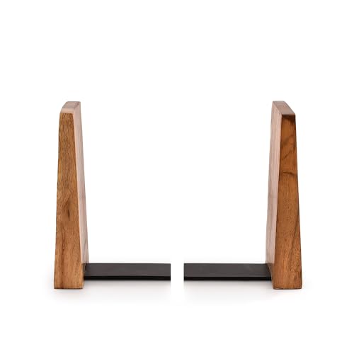 EDHAS Decorative Bookends Iron & Acacia Wood Decorative Bookshelf Book Ends Heavy Duty Bookends Desktop Organize Books (4" X 4" X 6"), (Set of 2)
