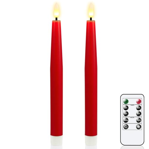 GenSwin Flameless Taper Candles, Set of 2 Red LED Taper Candles Battery Operated with Remote Timer, Real Wax Flameless Candlesticks with 3D Flame for Home Wedding Party Holiday Decor (0.78” x 9.65”) - color: 2-Red