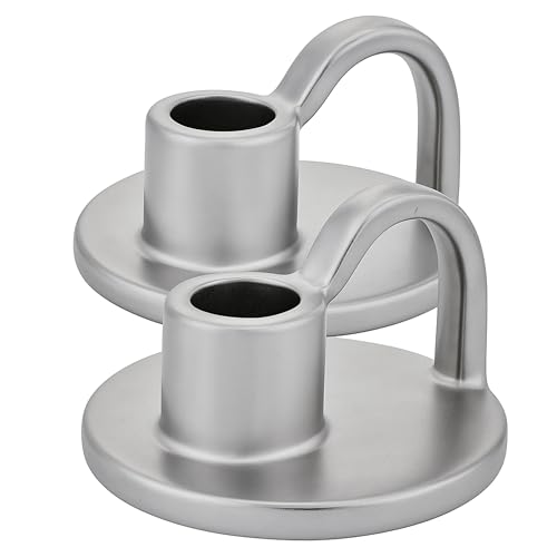 Ceramic Taper Candle Holders with Handle (Set of 2) – Tall Candlestick Holders for Table Decor Centerpieces, Rustic Home Décor, and Dinner Table Styling Matte Titanium - color: Matt Titanium
