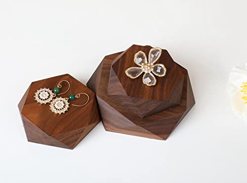 GemeShou 2pcs Wooden Jewelry display tray, Hexagon jewelry display riser, Jewelry retail shop photography props【Walnut Hexagon tray-2pcs】