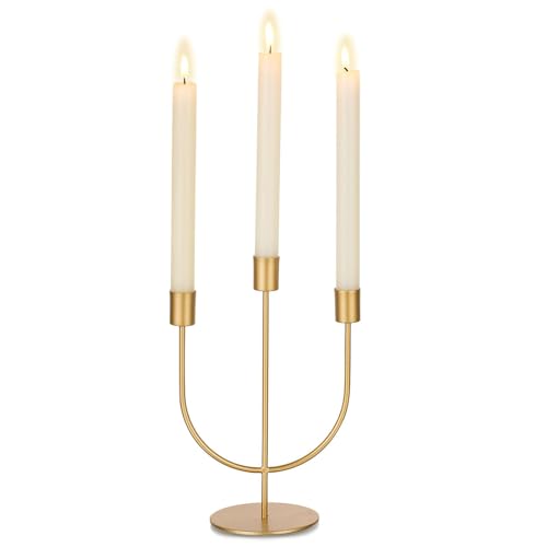 Sziqiqi Gold Candlestick Candle Holders - Candlesticks Candelabra Centerpiece for Tables 3-stem Taper Candle Holder Metal Candleholders for Christmas Wedding Fireplace Mantle Decorations - color: Gold, size: 1 Pc