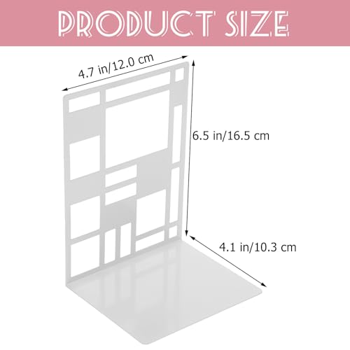 2Pcs Minimalist Metal Bookends Sturdy Hollow Square Book Holders in White Desktop Book Organizers with Elegant Pattern Design for Home and Office Decor