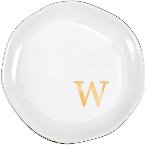 ProCase Ceramic Jewelry Tray, Initial Ring Dish Trinket Plate Engagement Gift, Small Personalized Monogram Ring Bowl for Wedding, White Decorative Jewelry Holder for Women Vanity -Letter W - style: W