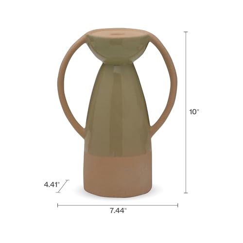 Elements Ceramic Pillar Candle Holder, for Use with Real Wax or Flameless Candles, 7.44x4.41x10 Inch, Green - size: 7.44" L x 4.41" W x 10" H