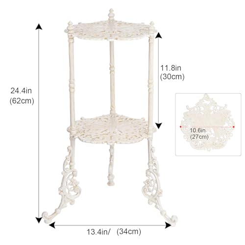 Sungmor Vintage Cast Iron 2-Tier Plant Stand, Elegant Butterfly & Floral Design with Antique White Finish, 24 Inch Tall Rustic Flower Pot Holder, Heavy Duty Metal Display Shelf for Indoor and Outdoor