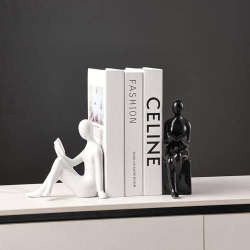 Ceramic Decorative Bookends, Book Ends for Shelves, Home Office Decor Aesthetic Statues Book Holders Stoppers for Bookshelf, Table, Bedroom Living Room Decoration (White and Black) - color: White and Black